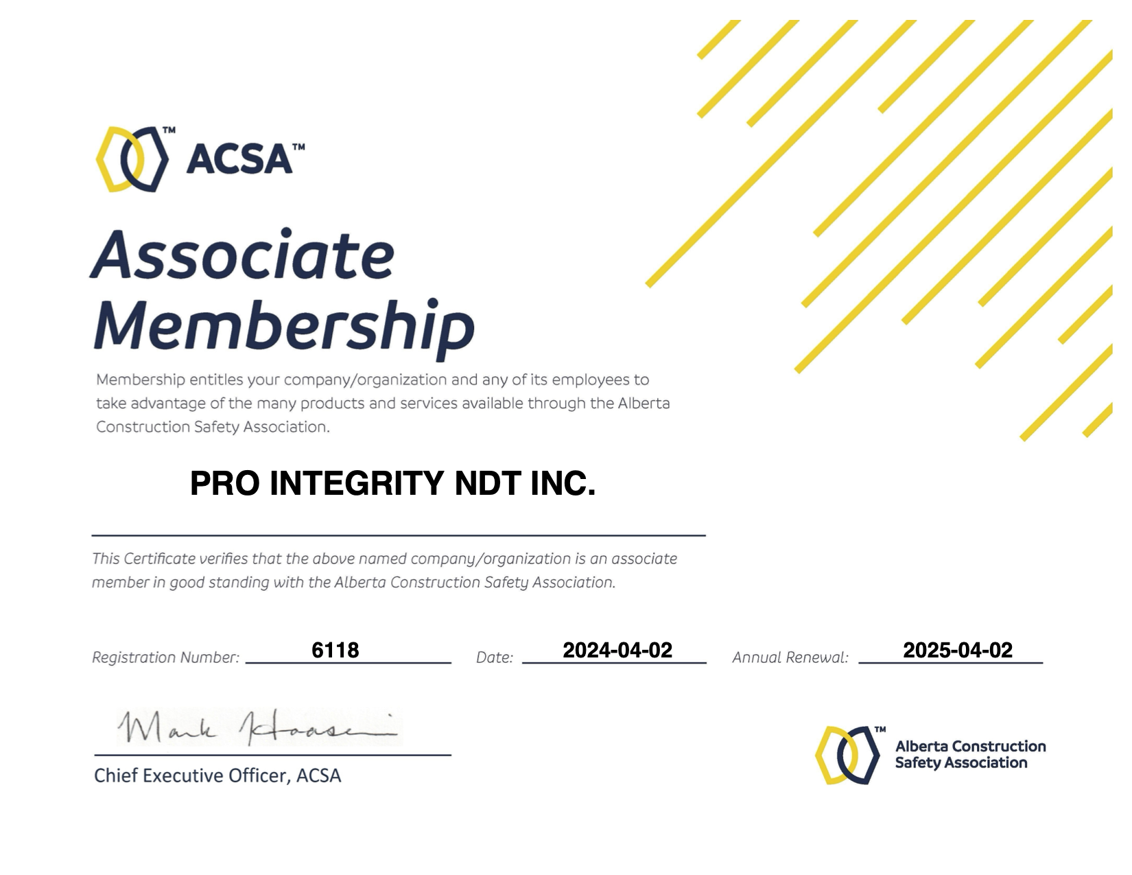 Alberta Construction Safety Association Certified - Pro Integrity NDT 2024