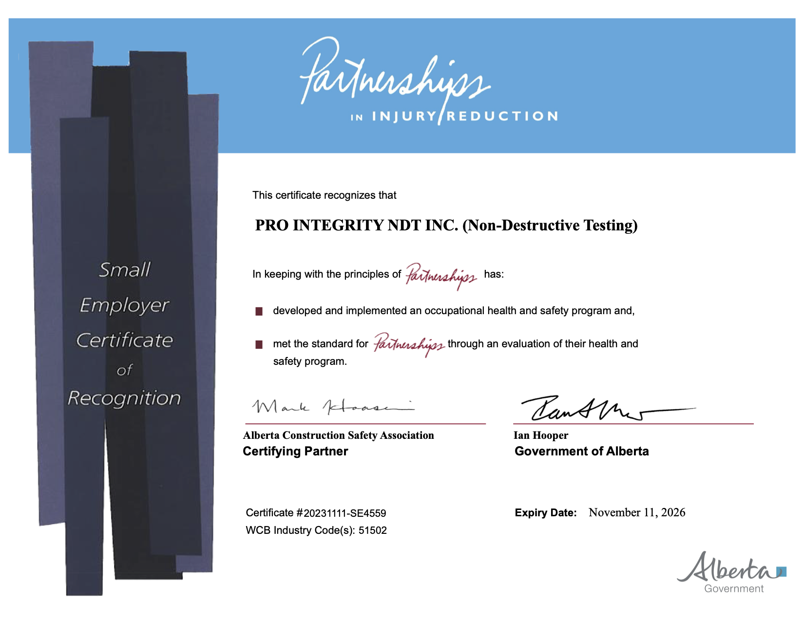 Alberta Government Partnership in Injury Reduction Certified - Pro Integrity NDT 2024